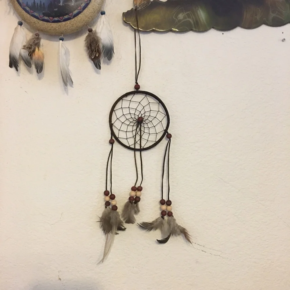 Handmade dreamcatcher leather wood bead feather